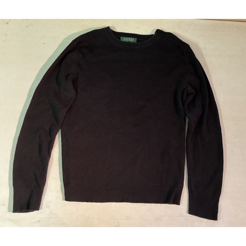 Lauren Ralph Lauren Black Ribbed Cotton Sweater Button Shoulder Elbow Patches L